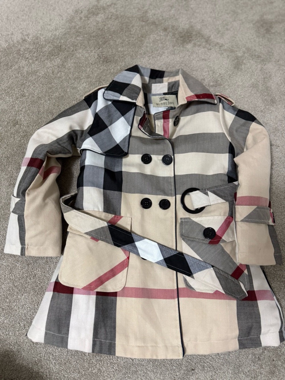 Beige Black and Red Check Double-Breasted Trench Coat